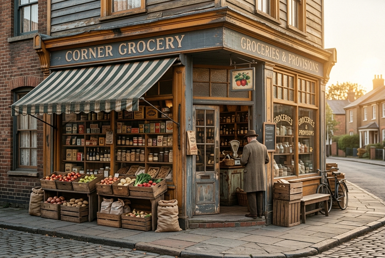 A vintage neighborhood grocery storefront
