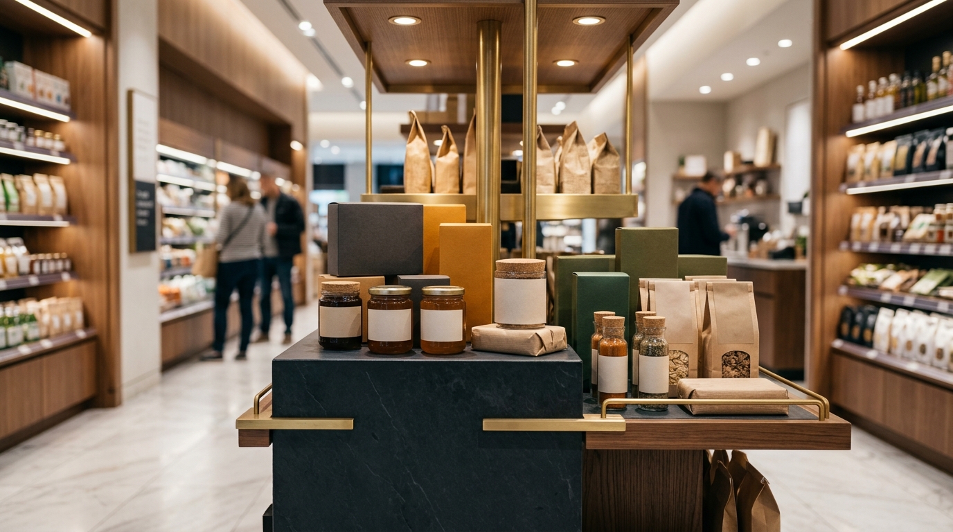An emerging CPG brand merchandised in a bright, well-stocked retail aisle